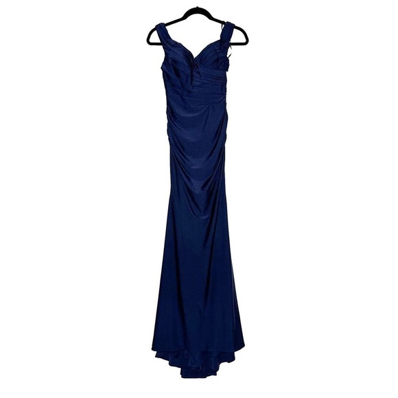 NWT La Femme Pleated Off the Shoulder Trumpet Gown Navy Blue Women's Size 0 - Picture 2 of 5